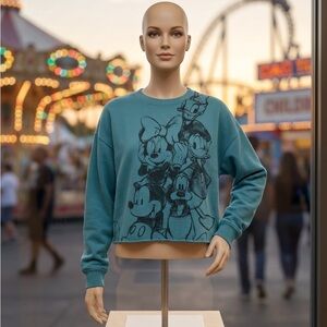 Disney Mickey & Friends Crop Sweatshirt Teal Blue L Minnie Donald Goofy Pluto